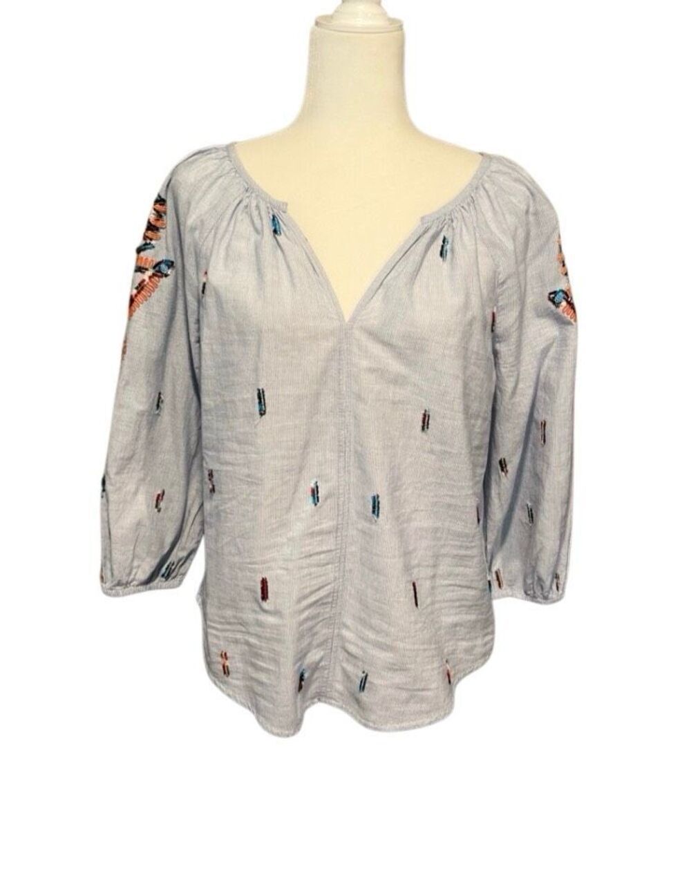 Velvet 100% cotton blue and white striped blouse with notched neck and floral em